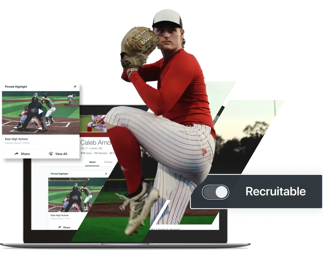 A baseball pitcher in a red jersey is in mid-pitch, with a laptop displaying a player profile and a "Recruitable" toggle button.