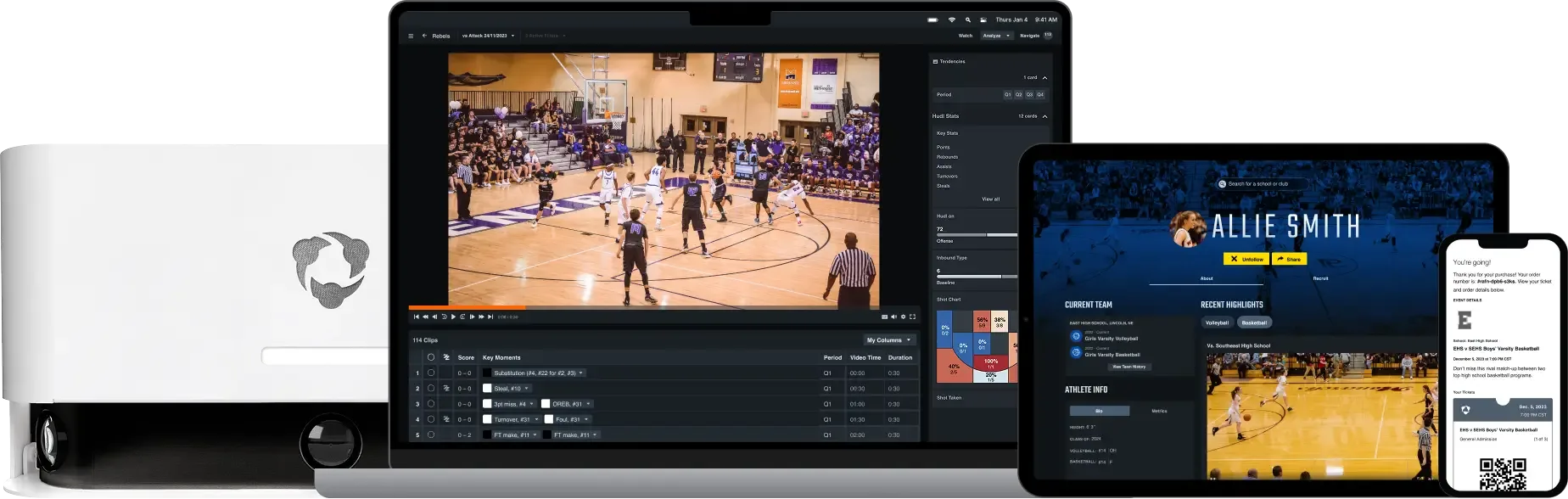 Promotional display of a sports video analysis and streaming system, featuring a suite of digital devices and equipment.