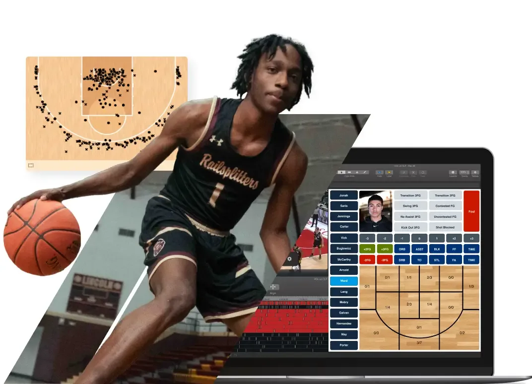 A young basketball player dribbling a basketball on a court. Behind him, a laptop screen displays a basketball analytics interface with heat maps of shot attempts and player statistics. Another graphic of a basketball court with scattered black dots representing shot locations, is in the top left corner.
