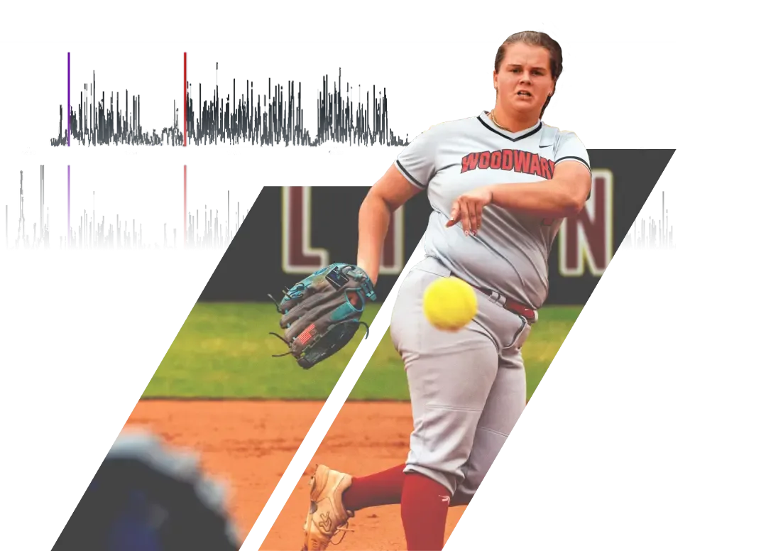 A softball pitcher in a gray and red uniform in mid-throw, with an overlaid graph showing athlete monitoring data.