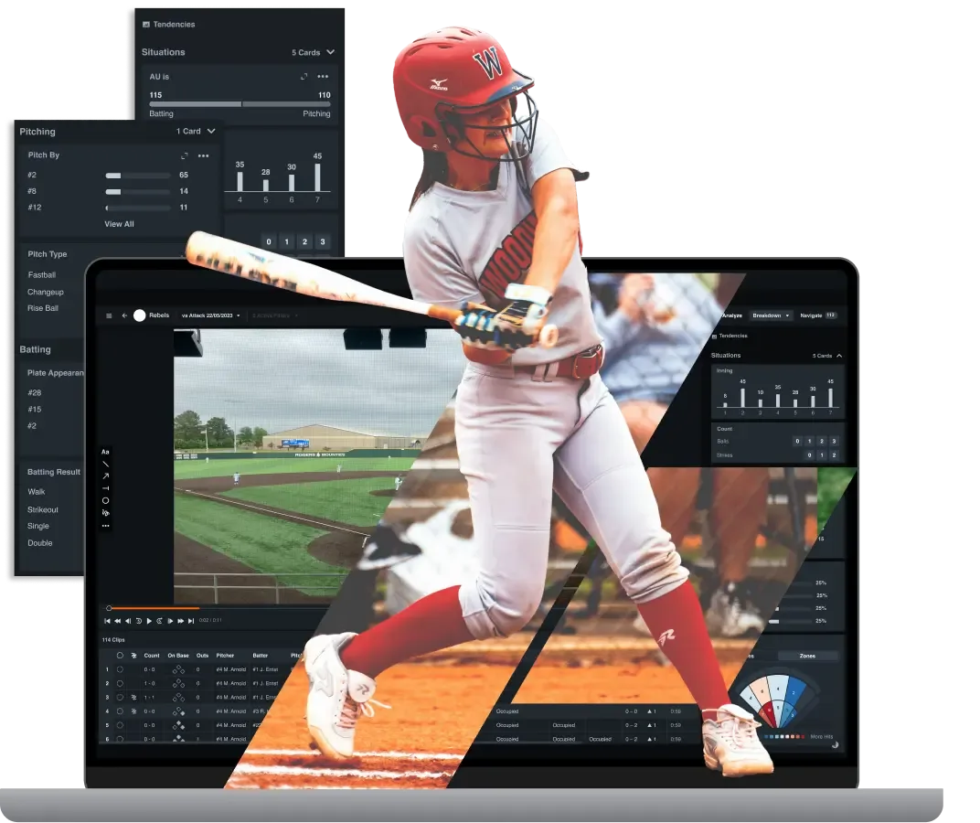 A softball player in a red helmet swings a bat, with a laptop displaying Hudl analysis tools for pitching and batting.