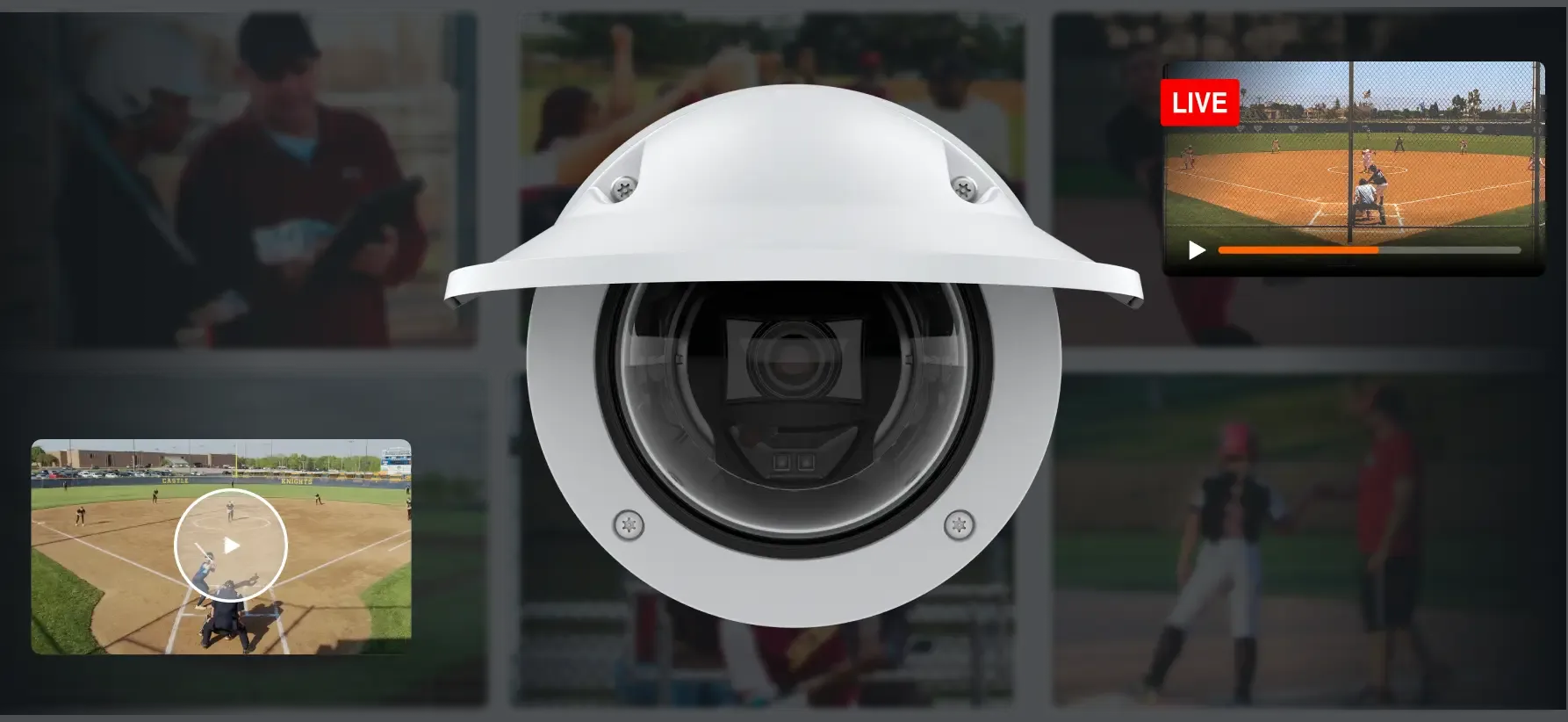 A white Hudl Focus camera, with a live softball game stream on the right and a recorded game video playback on the left.