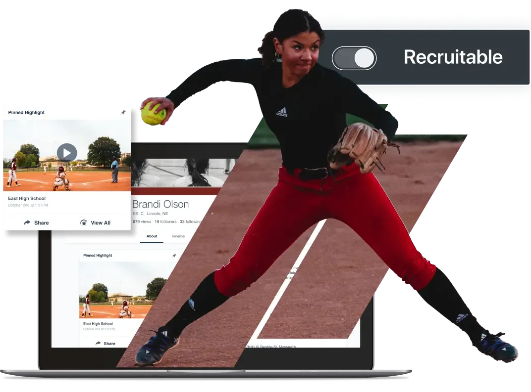 A softball pitcher in a black and red uniform in mid-throw, with a laptop showing a player profile and highlights, and a "Recruitable" toggle button.
