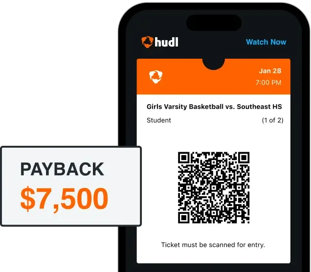 Image of a phone with a Hudl Ticket and UI of potential ticket sales savings