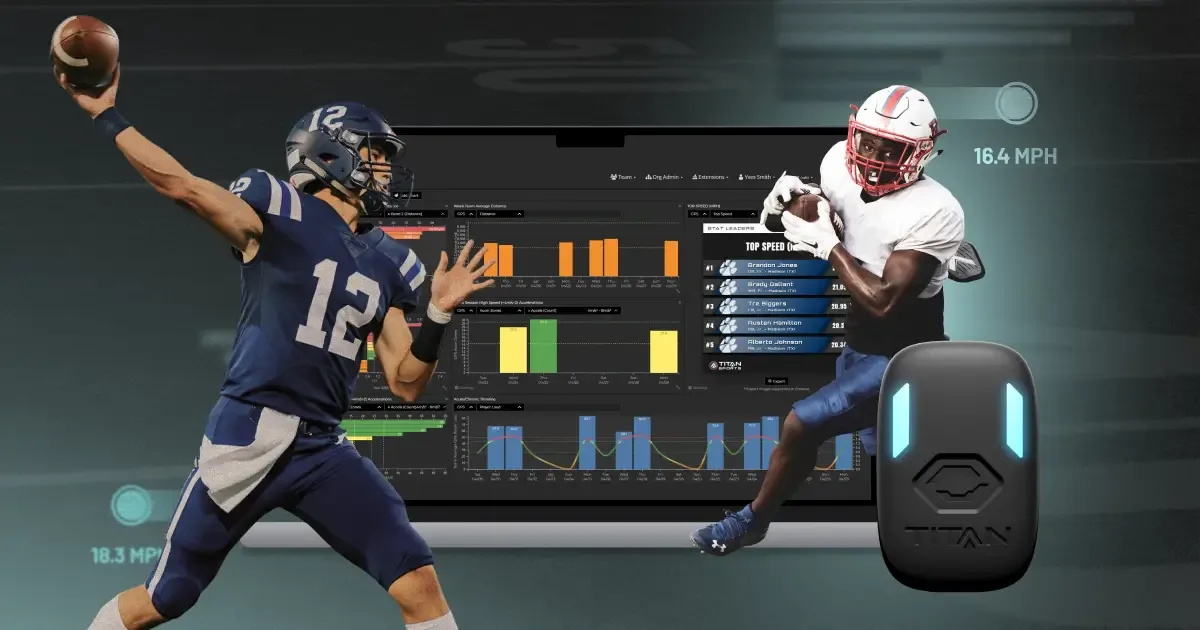 A performance dashboard showing GPS player data like top speed and player load, flanked by two football players and a Titan wearable sensor.