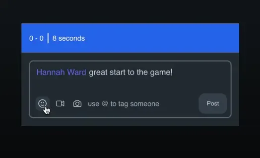 A user interface for adding comments to a video clip. It shows a comment by 'Hannah Ward' saying 'great start to the game!', with options to add emojis, video, or photos, and tag others.