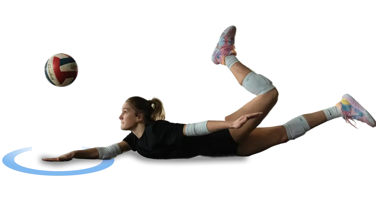 A female volleyball player dives horizontally to dig a volleyball. A blue glowing arc follows the path of the ball, representing data tracking.