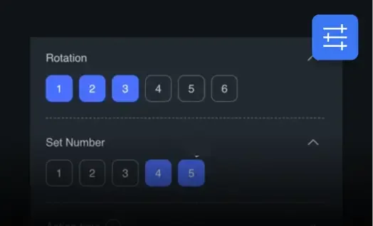 A user interface displaying filtering options for volleyball data. Filters include 'Rotation' (with buttons for 1-6) and 'Set Number' (with buttons for 1-5), allowing users to refine their data view.