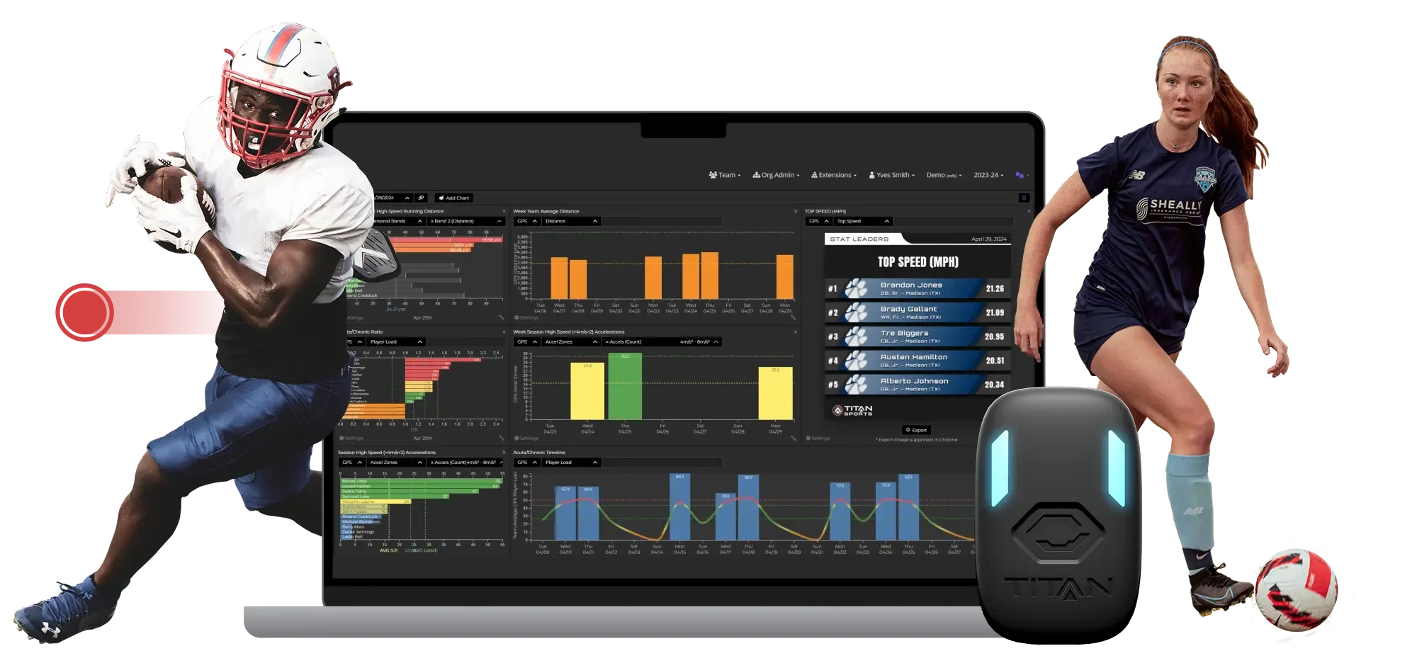 Photoillustration depicting a male football player and a female soccer player, with graphics representations of their speed, and a full report displayed on a laptop.