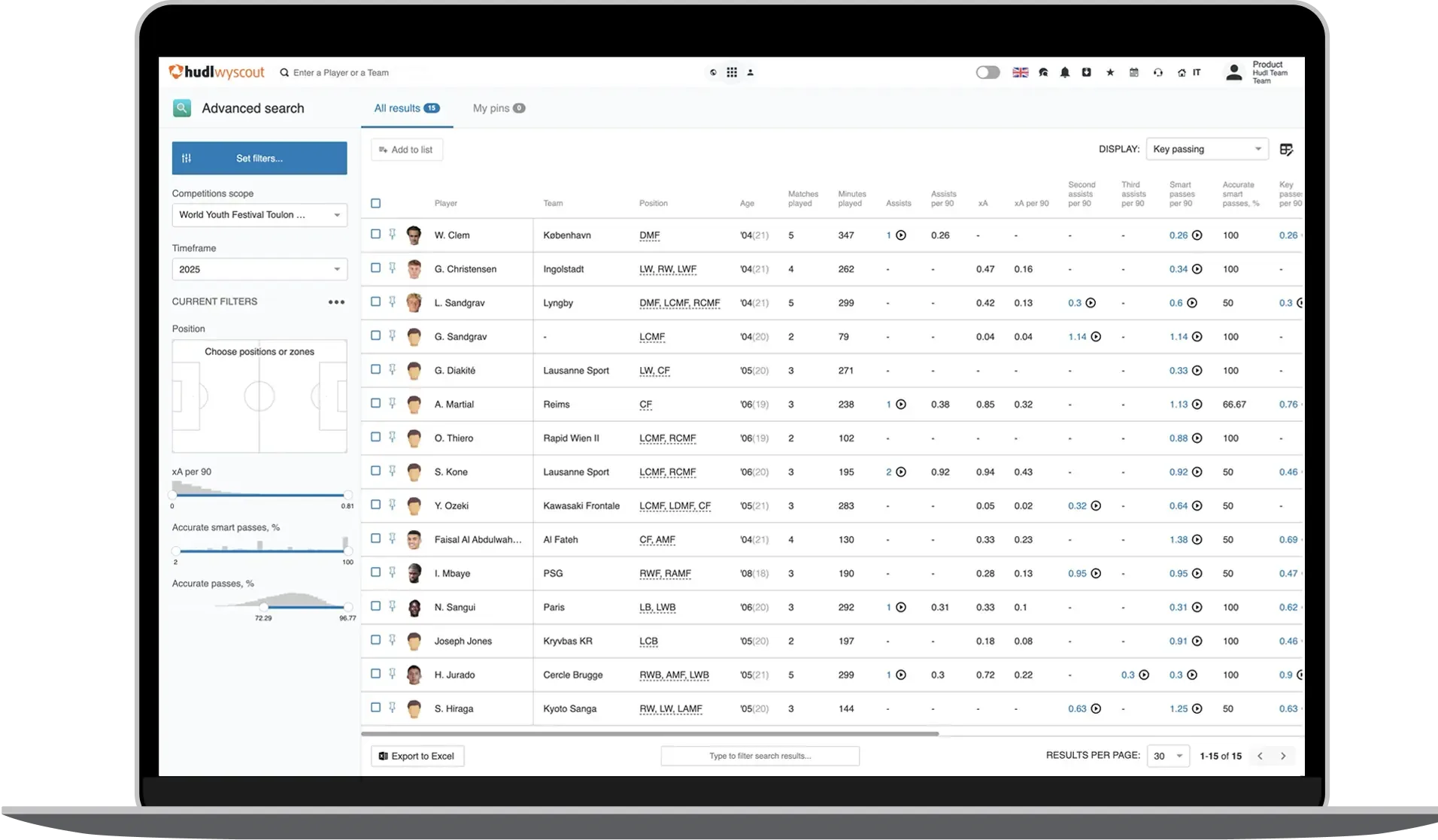 Wyscout advanced search interface on a laptop